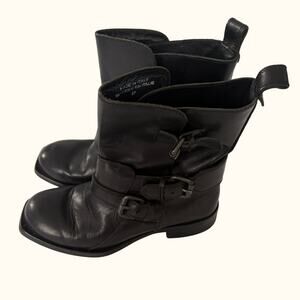 Y2K Diesel Black Gold Leather Moto Biker Squares Toe Boots 37 Made in Italy Blck